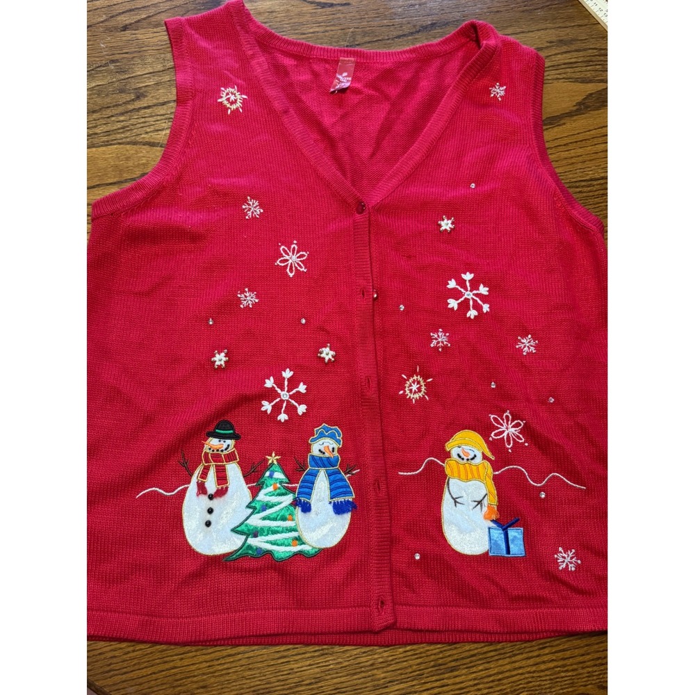 White Pine Womens Red Snowman Christmas Sweater Vest Embroidered Holiday XXL